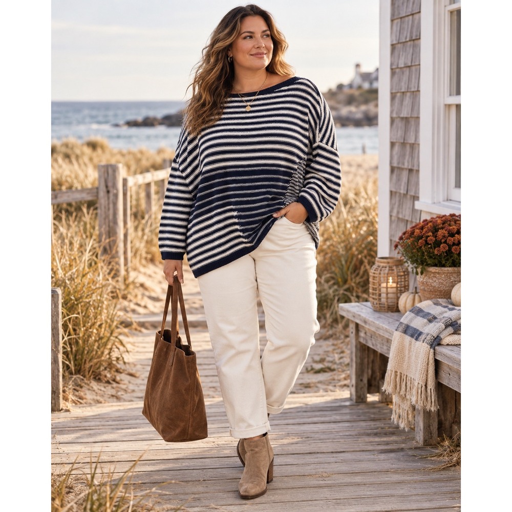 Women XL Navy Ivory Breton Stripe Cotton Sweater Coastal Preppy Nautical Knit